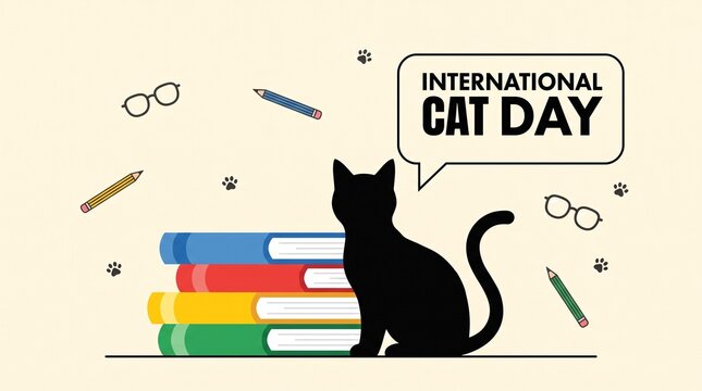 black cat silhouette sitting by books for international cat day