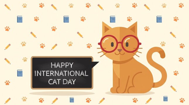 cute orange cartoon cat wearing glasses with international cat day sign