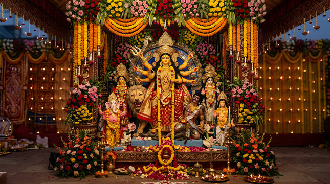 Detailed Goddess Durga idol during Navratri festival celebration.