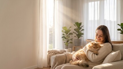 Fototapeta na wymiar happy young woman relaxing on sofa hugging fluffy orange cat