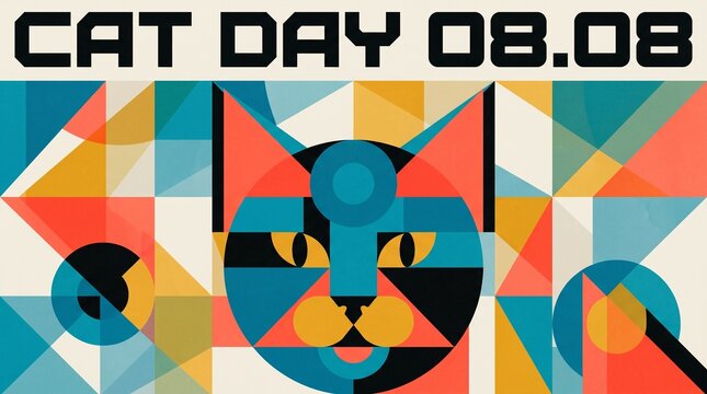 colorful geometric abstract cat face illustration for cat day celebration