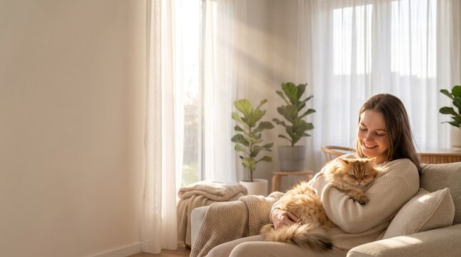happy young woman relaxing on sofa hugging fluffy orange cat
