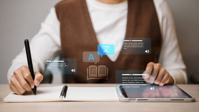 Student Hands Writing Note and Using Tablet with Language Translation App Icons Graphic