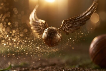 Obraz premium Golden snitch ball with ornate wings flying through a sparkling, sunlit environment with a dark brown sphere nearby