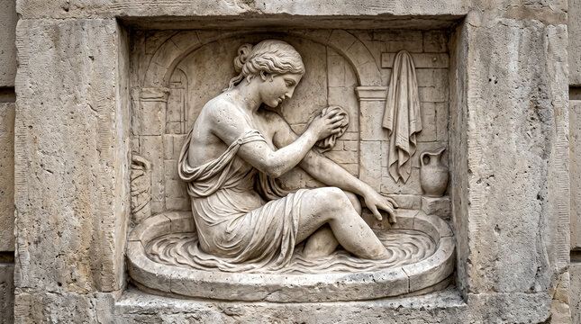 antique style refined stone bas-relief sculpture in marble of woman bathing  with border on stone wall