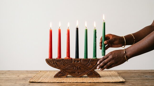 Kwanzaa Kinara with Seven Lit Candles and Hands Placing the Last Green Candle