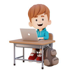 3D Cartoon Boy Using Laptop Digital Learning Concept