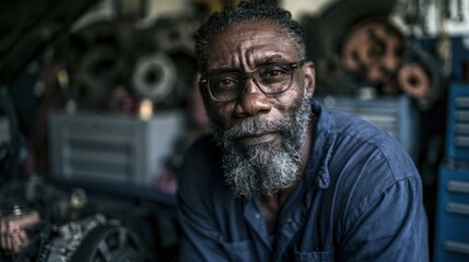 Fototapeta premium An older man with a graying beard and glasses looks directly at the viewer from a cluttered workshop filled with mechanical parts and tools