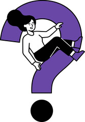 Fototapeta premium Flat vector illustration of a woman sitting on a large purple question mark, concept of curiosity and problem solving, female character seeking answers