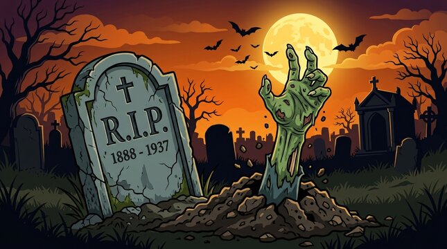 Spooky Halloween graveyard scene, zombie hand rising from dirt grave, R.I.P. tombstone under full moon and orange sky