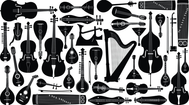 Black silhouette set of diverse acoustic stringed musical instruments including harp violin cello and ethnic folk lutes isolated