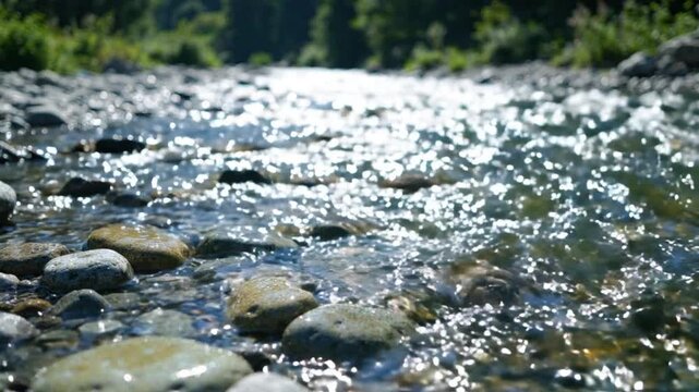 Clear Sparkling River Water Flowing over Smooth Rocks in a Natural Outdoor Stream on a Bright Sunny Day