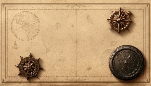 Vintage nautical map on aged parchment with compass roses and medallion