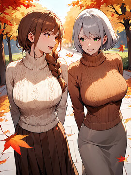 Two women in turtleneck sweaters walking together along a maple lined park path in warm autumn sunlight, 紅葉並木の公園を並んで歩くタートルネック姿の二人 秋の陽射し