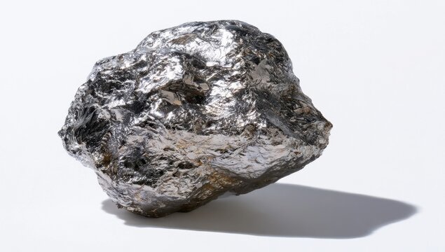 Irregular piece of dense osmium metal with a bright silvery luster on a light gray surface