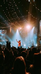Fototapeta premium Lively indoor concert performer on stage with crowd silhouettes