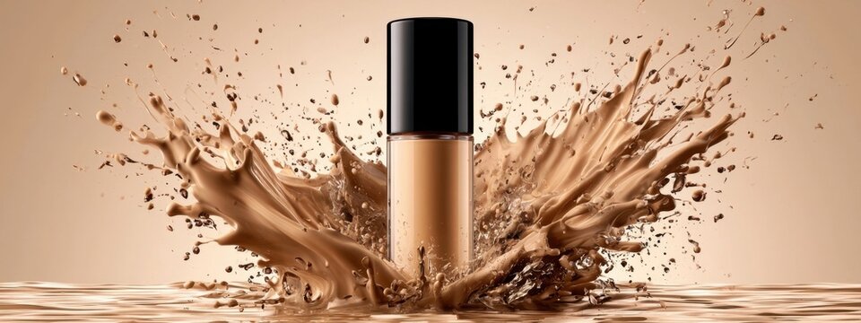 Cylindrical glass foundation bottle with black cap surrounded by splashing liquid makeup