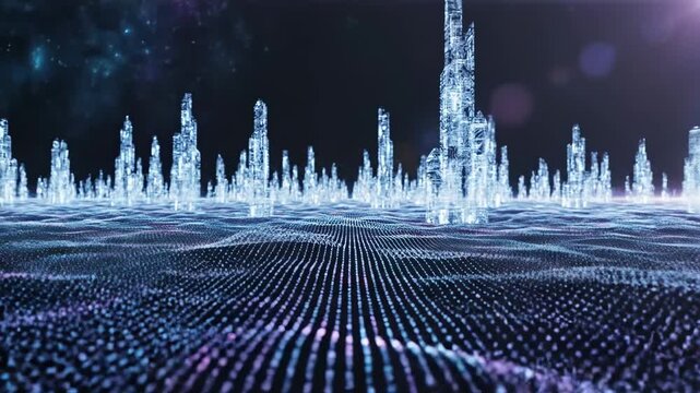 Digital city skyline with glowing light buildings