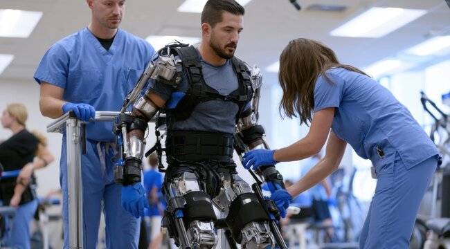 Male patient in robotic exoskeleton assisted by two therapists during physical rehabilitation in a medical clinic