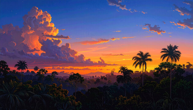Sunset over tropical landscape