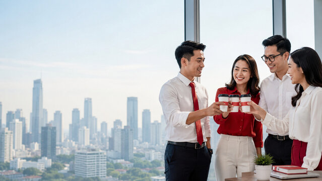 Colleagues raising coffee cups in office overlooking city skyline for national day
