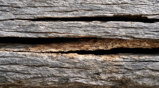 A close-up view of weathered wooden planks with deep cracks and natural texture