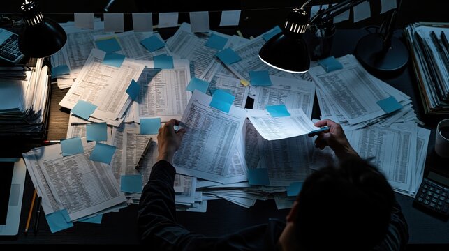 Overhead view of a faceless auditor sampling ledger pages spread across a table, cinematic blue and teal tones with copy space