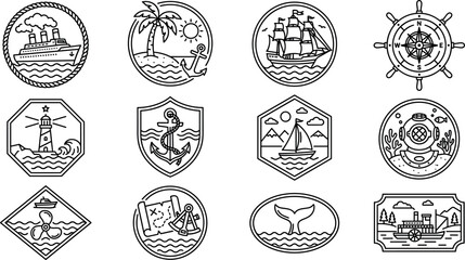 Vector set of nautical and maritime badges featuring ships anchors lighthouse compass and ocean adventure symbols © MdLiton