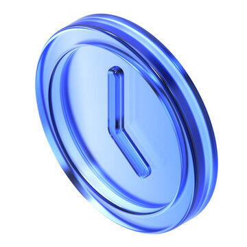 Glassmorphism clock icon in isometric view featuring transparent blue glossy finish. Translucent time management design element suited for history schedule