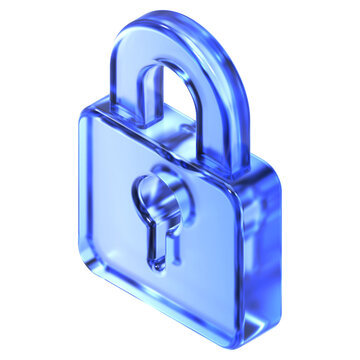 Glassmorphism secure padlock icon in isometric view featuring transparent blue glossy finish. Translucent data protection design element suited for privacy safety