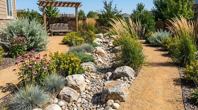 Beautiful backyard garden with a stone path and wooden pergola on a sunny day in a quiet home landscape. low-water garden designs
