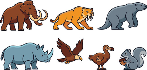 Cute Cartoon Prehistoric and Extinct Animals Vector Icon Set Featuring Woolly Mammoth Saber Toothed Tiger Megatherium Sloth Eagle Dodo Bird Rhinoceros and Squirrel for Kids Nature Designs © MdSirazul