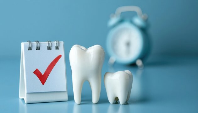 Healthy teeth next to a calendar with a red checkmark and a blurred blue alarm clock