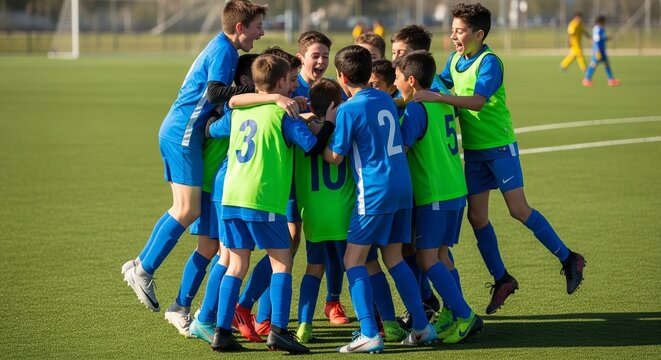Jubilant youth soccer team celebrating victory on grass field during sunny day
