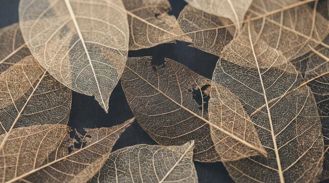 Brown dried skeleton leaves pattern on dark background.