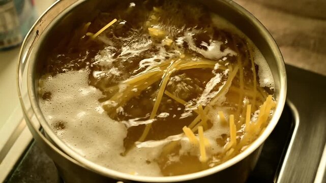 Boiling Spaghetti in Stainless Steel Pot with Close Up Cooking Process