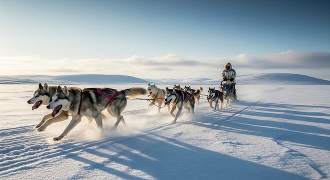 Adventurous husky sled team racing across snowy Arctic wilderness with a driver