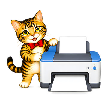 Cute Tabby Cat with Printer on White Background
