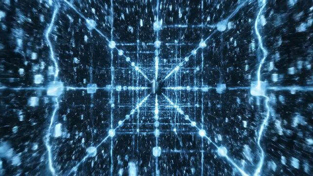 Abstract blue digital grid with glowing energy pulses