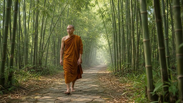 Buddhist Monk Walking Mindfully Through Bamboo Forest