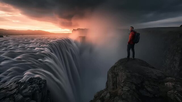 A vivid portrayal of a man standing atop a rocky outcrop, overlooking a cascading waterfall. The sky is painted with hues of orange, pink, and purple, indicating either dawn or dusk. The man.