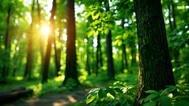 Sunlight streaming through dense green forest trees with sunlight woodland environment