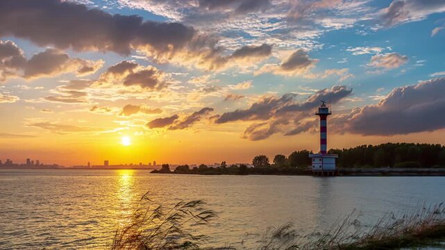Hefei Chaohu Binhu Mingzhu Pier Lighthouse Sunset Timelapse: Golden Glow on Waves, City Silhouette Dances with Red-and-White Tower