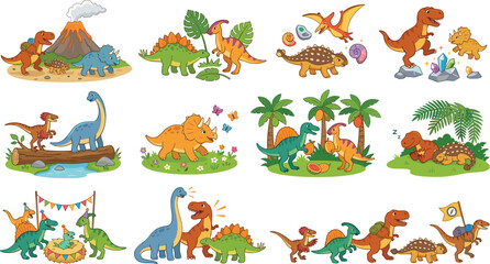 Cute Dinosaur Cartoon Scene Collection with Prehistoric Animals Nature Adventure Vector Illustration Set © MdRobiul