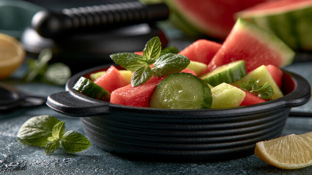 Refreshing summer salad of sliced watermelon and cucumber with fresh mint garnish, watermelon