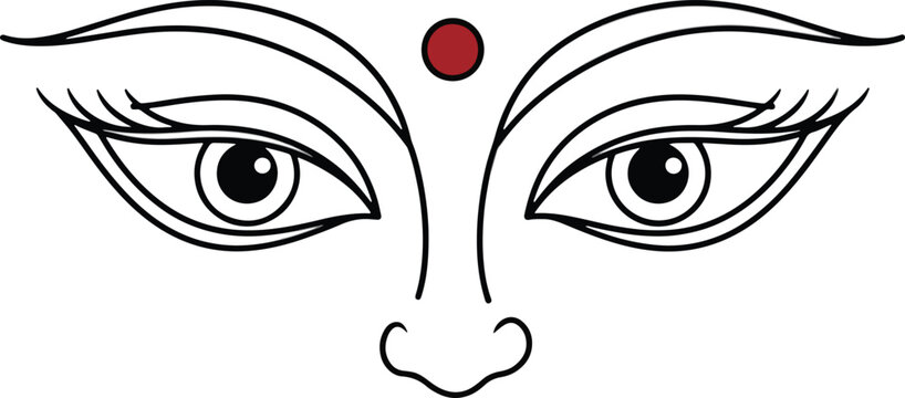 Durga face silhouette line art on pure white background