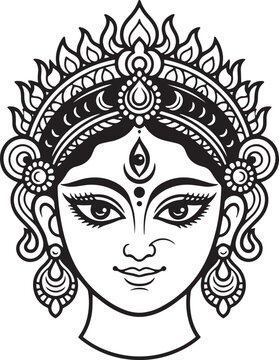 Durga face silhouette line art on pure white background