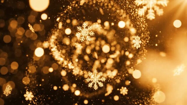 Golden snowflakes and sparkling particles swirling