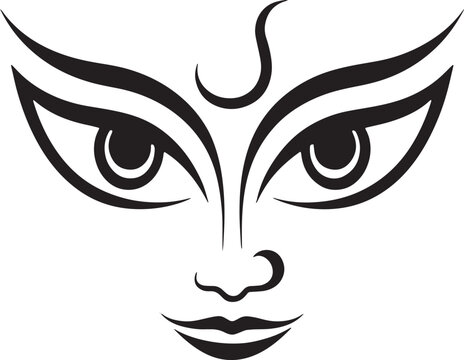 Durga face silhouette line art on pure white background