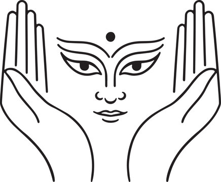 Durga face silhouette line art on pure white background